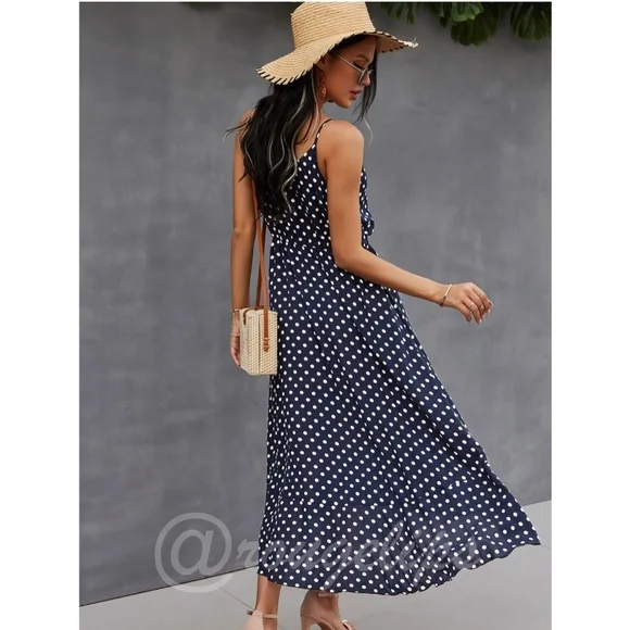 Navy Blue Polka Dot Midi Button Through Dress Flared V-Neck - Picture 5 of 9